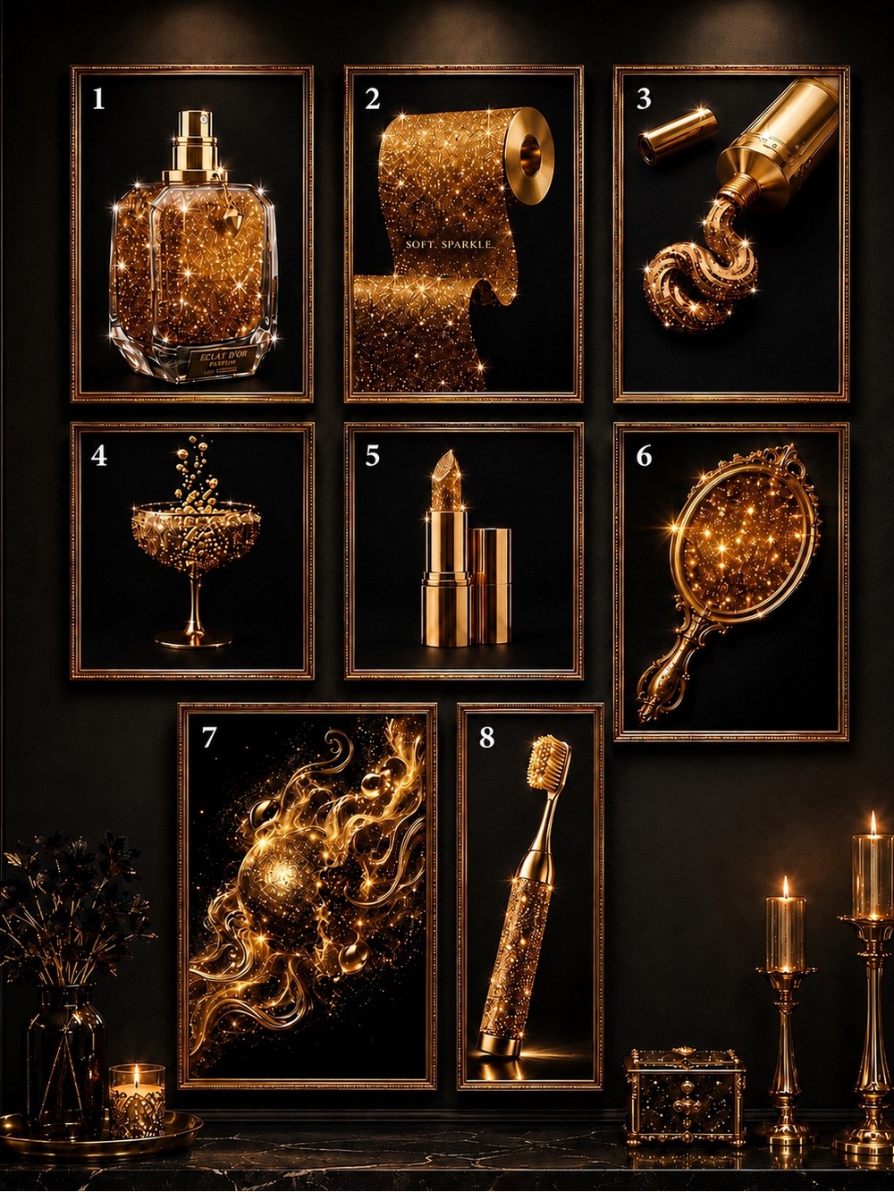 Pick 5 |Gold Glitter Glam Gallery Art | Black Gold Luxe Vanity Office Bathroom